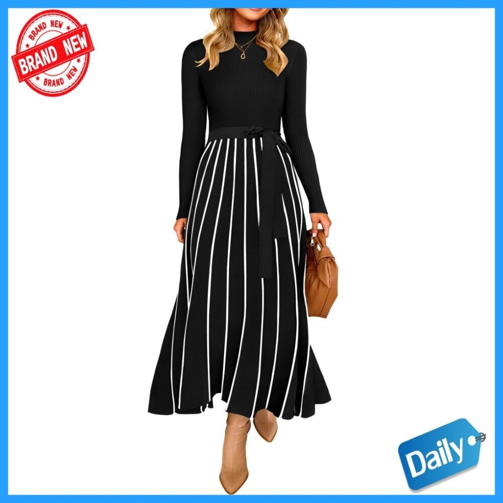 Turtleneck Sweater Dress Ribbed Knit Tie Waist Casual Loose Fit Midi Length